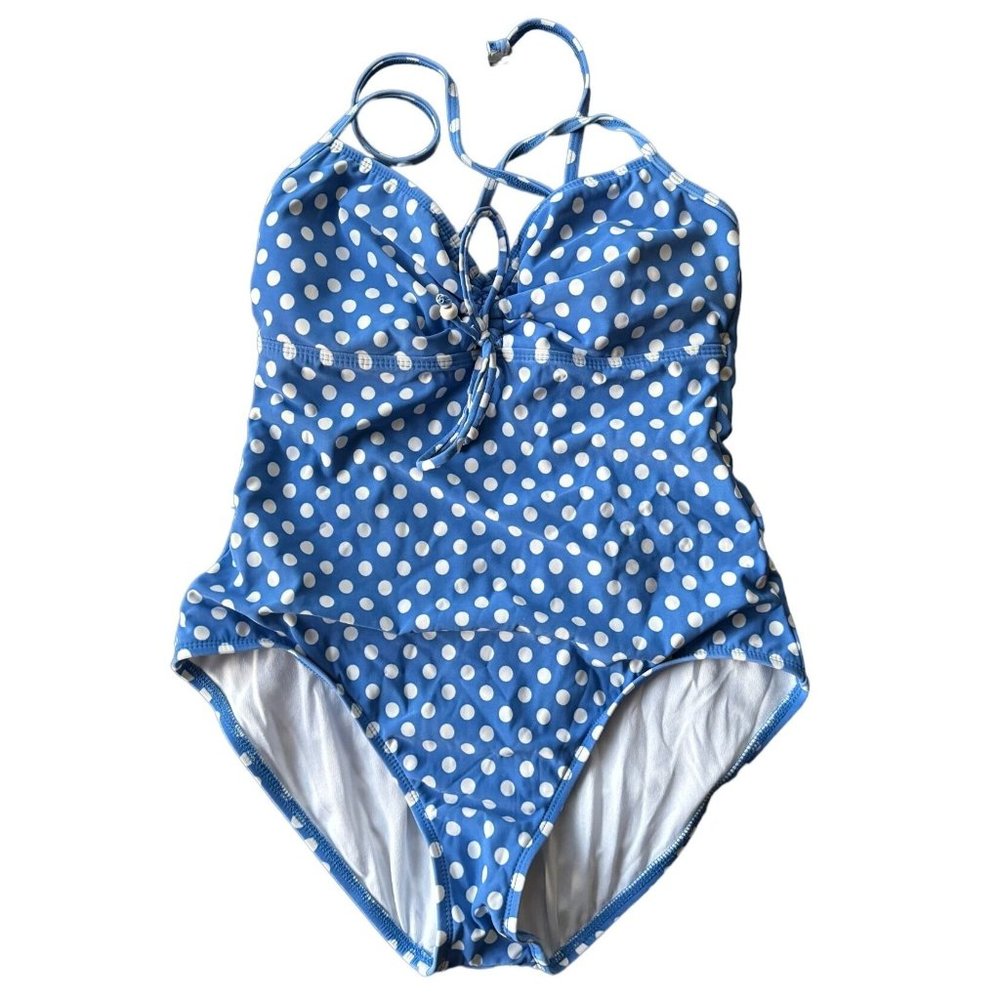 Athena Blue White Polka Dot One Piece Swimsuit Lace Up Back Retro Size 12 b2
